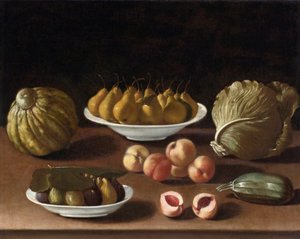 Stillleben mit Birnen, Pfirsichen, Feigen, Melone, Kohl und Kürbis von Paolo Antonio Barbieri
