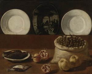 Stillleben mit Tellern, einem Sack voller Oliven, Wild, Granatäpfeln und Quitten von Paolo Antonio Barbieri