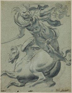 Perseus hält den Kopf der Medusa, mit Pegasus im Hintergrund von Paolo Farinati