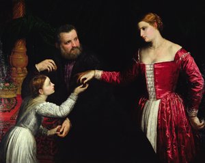 Eine Dame und ein Herr mit ihrer Tochter von Paris Bordone