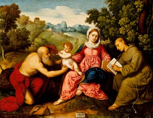 Madonna und Kind mit den Heiligen Hieronymus und Franziskus, ca. 1525 von Paris Bordone