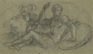 Sitzende männliche Figur mit Putto und Rüstung von Paris Bordone