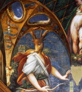 Actaeon wird von Diana in einen Hirsch verwandelt, Detail aus dem Saal der Diana und Acteon