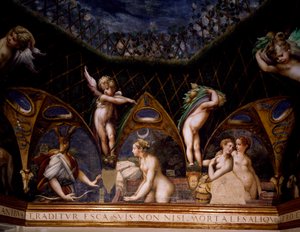 Diana verwandelt Aktäon in einen Hirsch, Szene aus dem Mythos von Diana und Aktäon von Parmigianino