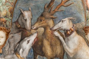 Actaeon, in einen Hirsch verwandelt, wird von seinen eigenen Hunden gefressen, aus dem Raum von Diana und Actaeon, der Nordwand (Detail)