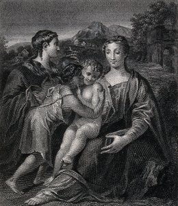 Heilige Maria (die gesegnete Jungfrau) mit dem Christuskind, Johannes dem Täufer und Maria Magdalena. Gravur nach G.F.M. Mazzola, il Parmigianino. von Parmigianino