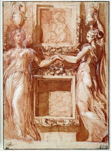 Zwei Kanephoren, die ihre Hand geben, auf beiden Seiten von Kisten Zeichnung in Tinte, Waschung, Blut und weißen Klappen von Girolamo Francesco Maria Mazzola, genannt Parmigianino oder Le Parmesan