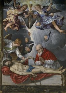 Der tote Christus, verehrt von Papst Pius V von Parrasio Micheli