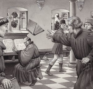 Poggio Bracciolini wirft einem Mitgelehrten, Tortelli, ein Buch zu