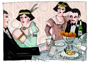 Illustration eines weltlichen Abendessens in „Gatsby der Prächtige“ von dem amerikanischen Schriftsteller Francis Scott Fitzgerald (1896-1940) (Der große Gatsby) Zeichnung von Patrizia Laporta