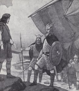 Die Brüder Hengist und Horsa kommen während der Invasion der Angeln, Sachsen und Jüten im 5. Jahrhundert in Ebbsfleet, Isle of Thanet, Kent, an (Lithografie)