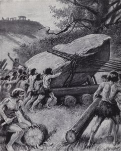 Paläolithische Männer bewegen eine riesige Steinplatte auf Rädern (Lithografie)