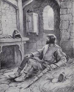 Robert the Bruce mit der Spinne, die ihn inspirierte, erneut zu versuchen, die Engländer zu besiegen (Lithografie)