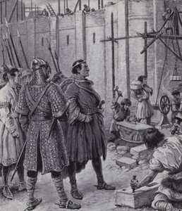 Wilhelm der Eroberer beaufsichtigt den Bau des Tower of London (Lithografie)