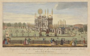 Eine perspektivische Ansicht des Gebäudes für das Feuerwerk im Green Park, vom Reservoir aus gesehen von Paul Angier