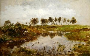 Landschaft bei Dachau mit einem Teich im Vordergrund