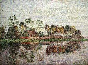 Süddeutscher Bauernhof mit vielen Bäumen und einem Fluss von Paul Baum