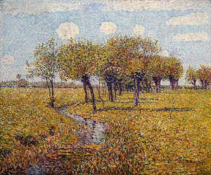 Niederländische Landschaft mit Weiden im Frühling in einem kleinen Wiesental