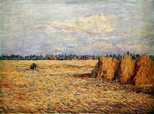 Flache Landschaft mit abgeerntetem Getreidefeld von Paul Baum