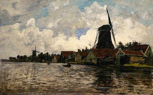 Holland, Flusslandschaft mit zwei Windmühlen