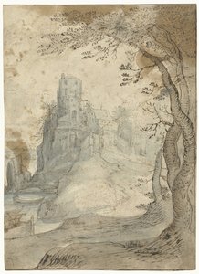 Landschaft mit einer Burg auf einem Felsen