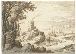 Ansicht einer Küste mit einem Donjon oder Leuchtturm von Paul Bril