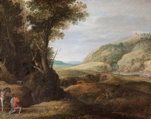 Landschaft mit St. Hubert und dem Hirsch, spätes 16. oder frühes 17. Jahrhundert von Paul Bril