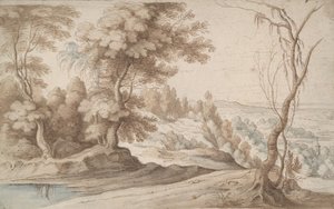 Landschaft mit Bäumen und Blick ins Tal von Paul Bril