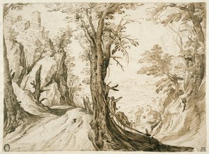 Berglandschaft mit einer Straße, die in ein Tal führt von Paul Bril