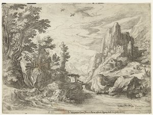 Flusslandschaft in Kampanien mit Stadt auf Felsen von Paul Bril
