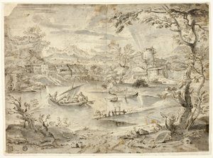 Stadtansicht mit Fischerboot im Vordergrund von Paul Bril