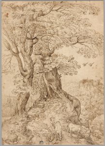Bewaldete Landschaft mit Eseln und Ziegen und Schloss in der Ferne von Paul Bril