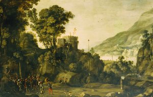 Eine bergige Flusslandschaft mit einer Szene aus dem Leben von Wilhelm Tell von Paul Bril