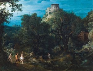 Dicht bewaldete Landschaft mit dem Tempel der Vesta in Tivoli und einem Satyr und Nymphen, die in einem Tal tanzen von Paul Brill or Bril