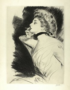 Halbporträt einer sitzenden Frau, die eine Zigarette raucht, nach links blickend von Paul Cesar Helleu