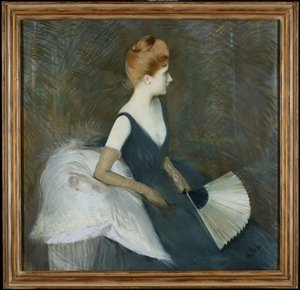 Madame Marthe Letellier sitzt auf einem Sofa und hält einen Fächer, ca. 1895