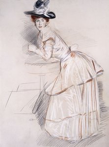 Porträt von Madame Helleu, die sich auf einen Tisch lehnt