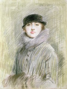 Porträt einer Dame mit Pelzkragen und Muff, 20. Jahrhundert (Zeichnung)