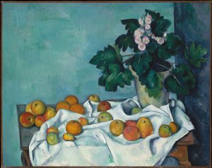 Stillleben mit Äpfeln und einem Topf Primeln von Paul Cézanne