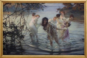 Fröhliche Spiele. Junge Frauen haben Spaß beim Schwimmen im Fluss. Gemälde von Paul Emile Chabas (1869-1937), Öl auf Leinwand, ca. 1899. Museum der Schönen Künste von Nantes