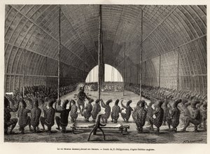 Mounza, König der Mombouttous (Zaire), tanzt vor seinem Serail, bestehend aus 80 Frauen, Gravur nach der Zeichnung von P. Philippoteaux, zur Illustration einer Reise ins Herz Afrikas 1868-1871, von Dr. George Schweinfurth, veröffentlicht in „Le tour du mon