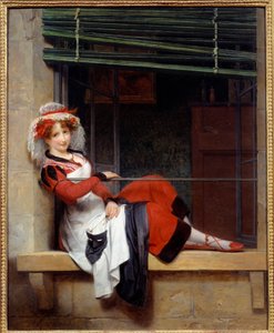 Das Warten auf die Maskenball Ein junges Mädchen sitzt am Fenster von Paul Emile Detouche