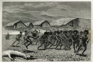 Abstieg der Papus Arfaks Krieger in Dorey (Neuguinea), Gravur von E. Mesples, zur Illustration der Reise nach Neuguinea von Achille Raffray, beauftragt mit einer wissenschaftlichen Mission durch das Ministerium für öffentliche Bildung, 1876-1877, veröffent