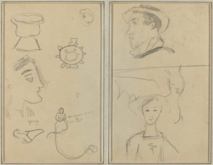 Eine Karikatur und fünf Formen; Ein Mann im Profil, ein geflügeltes Wesen und ein Junge [verso]