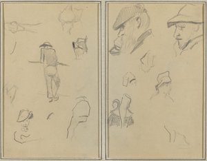 Ein Mann, der sich an eine Wand lehnt, mit fünf weiteren Studien; Zwei bärtige Männer mit Hüten und fünf weiteren Studien [recto] von Paul Gauguin