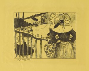Bretonische Frauen an einem Zaun stehend
