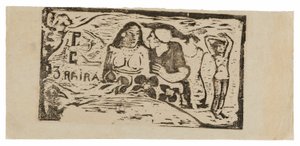 Büste einer nackten Frau und Dreiviertelfigur eines Mannes mit weißer Mütze im Profil, dritte kleine Figur ganz rechts, Kopfstück für Le sourire von Paul Gauguin