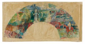 Entwurf für einen Fächer mit einer Landschaft und einer Statue der Göttin Hina von Paul Gauguin
