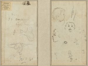 Sitzende Figur und eine Kuh; Drei Studien eines Kinderkopfes von Paul Gauguin