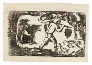 Tahitianer trägt Bananen, aus der Suite der späten Holzschnitte von Paul Gauguin